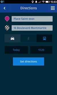 Here : « Directions » pour calculer un itinéraire en automobile avec choix de la date et l'horaire pour intégrer le trafic