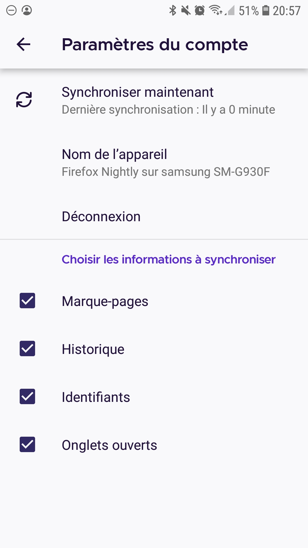 Paramètres de Sync dans Firefox pour Android Nightly