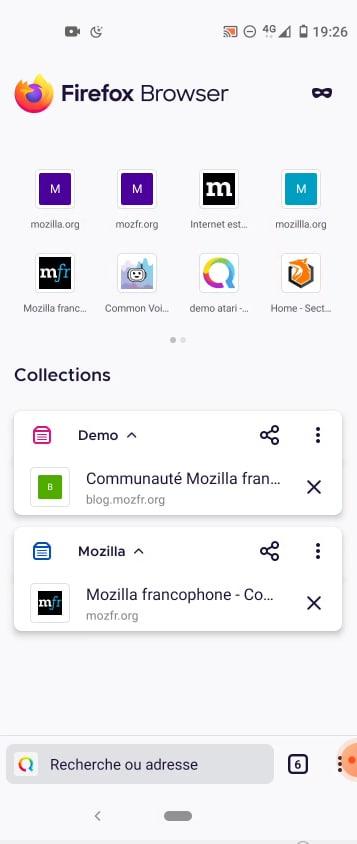 Page d’accueil de Firefox pour Android avec des collections