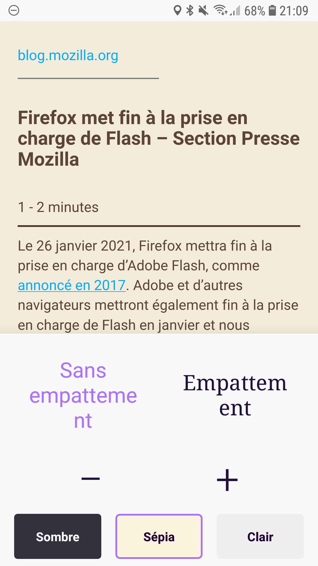 Mode lecture dans Firefox pour Android