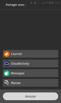 CloudActivity dans menu partage avec