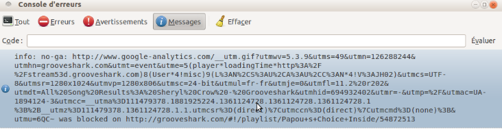 console d'erreurs avec un message de blocage de google analytics
