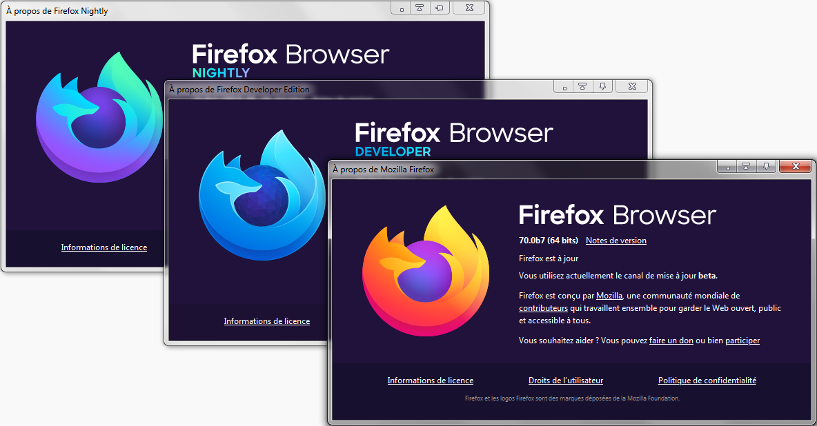 Les boîte À propos de Firefox Nightly, Firefox Developer Edition et Firefox bêta