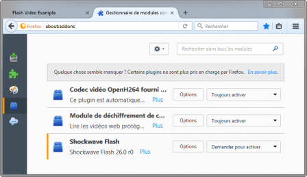 Shockwave Flash dans le panneau Plugins du gestionnaire de modules complémentaires de Firefox 55
