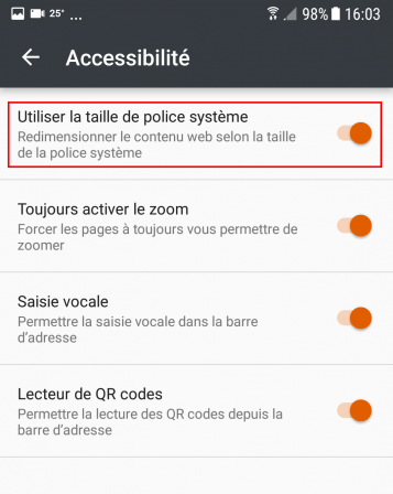 Firefox 55 : Paramètres > Accessibilité > Utiliser la taille de la police système