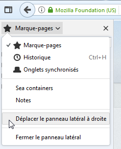 Firefox 55 : menu sous le bouton de marque-pages avec Déplacer le panneau latéral à droite