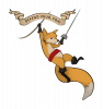 Fox avec une épée, accroché à une corde par l'autre bras, avec la bannière « Defend your Fox! » au-dessus