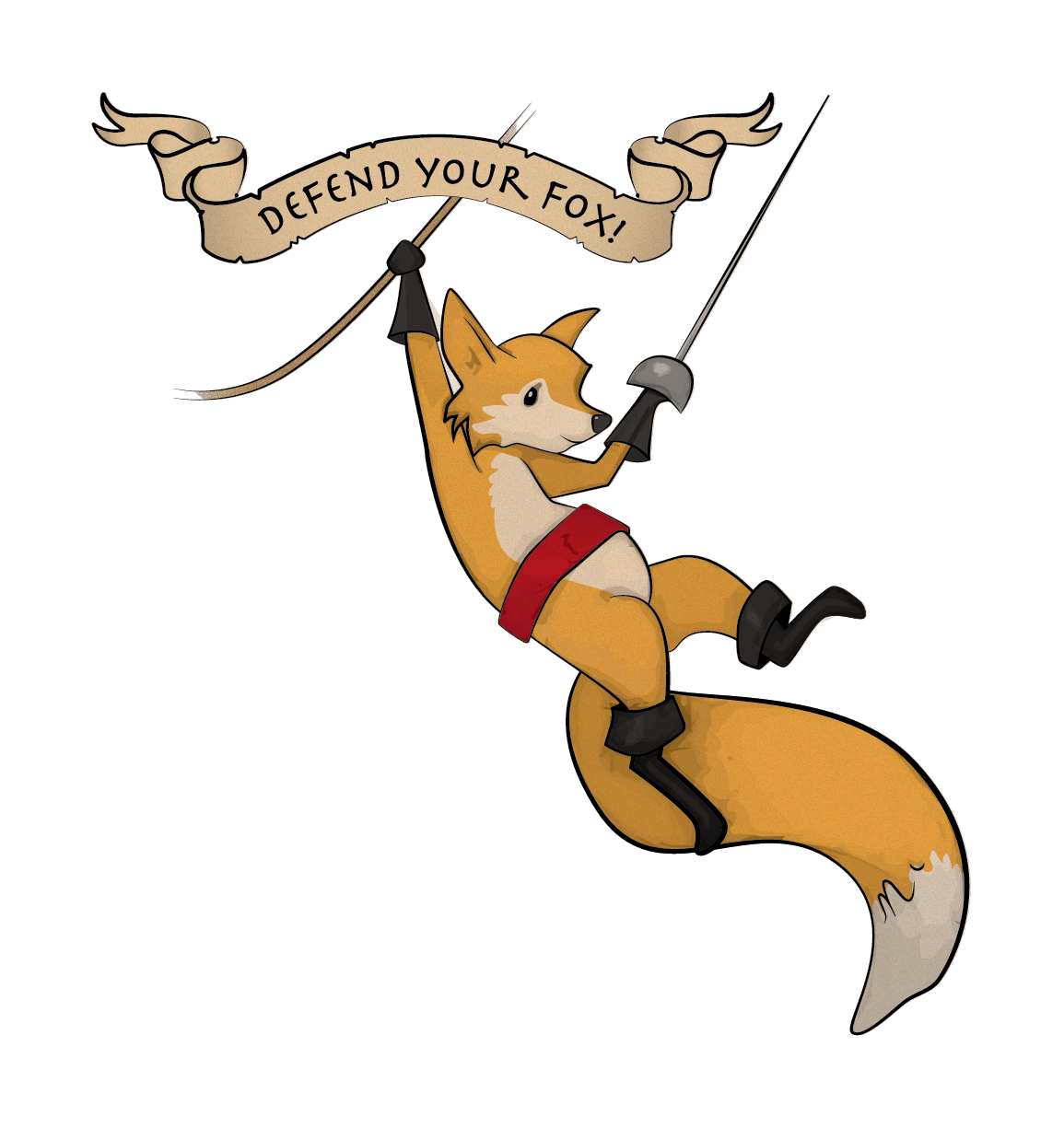 Fox avec une épée, accroché à une corde par l'autre bras, avec la bannière « Defend your Fox! » au-dessus