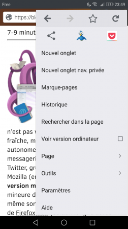 Mozilla Firefox pour Android : menu avec icônes TweetCaster et Pocket