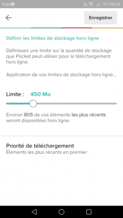 Android : paramètres de stockage de l'appli Pocket