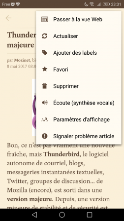 Android : menu depuis un article de l'application Pocket