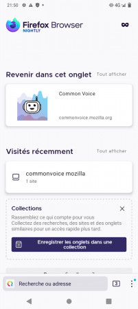 Page d'accueil de Firefox Nightly pour Android 94