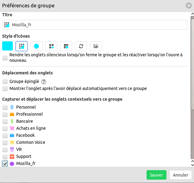 Interface de Simple Tab Groups dans Firefox
