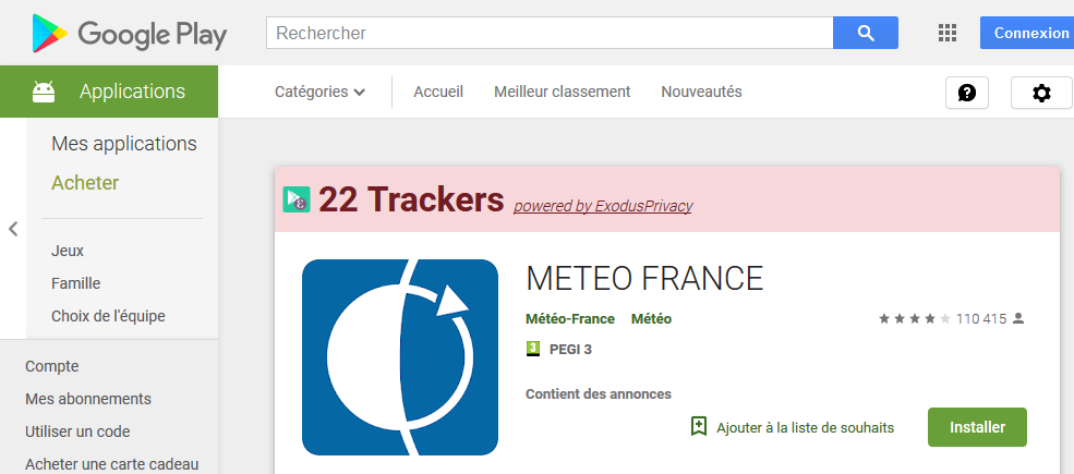 Exodify ajoute le nombre de traqueurs sur la fiche Météo France du Google Play