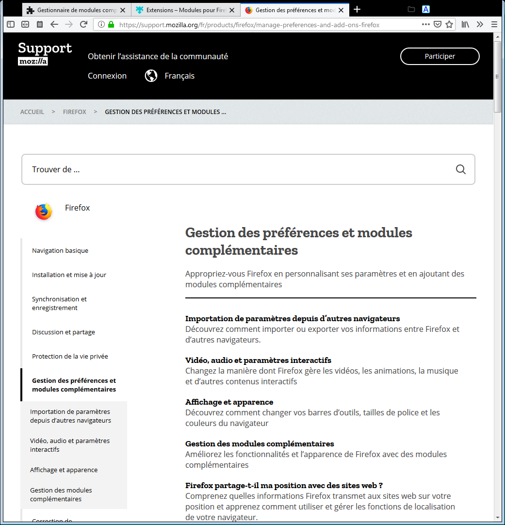 Gestion des préférences et modules complémentaires dans l'assistance de Firefox