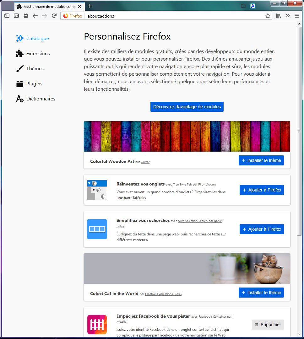 Catalogue du gestionnaire de modules complémentaires de Firefox
