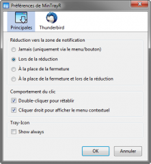 MinimizeToTray : préférences pour Thunderbird