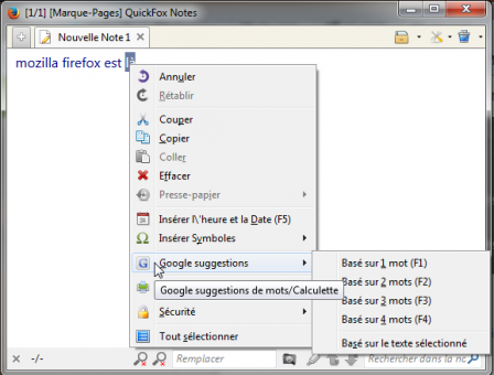 QuickFox : menu contextuel > Google suggestions