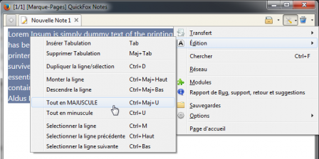 QuickFox : outils > menu Édition > Tout en majuscule