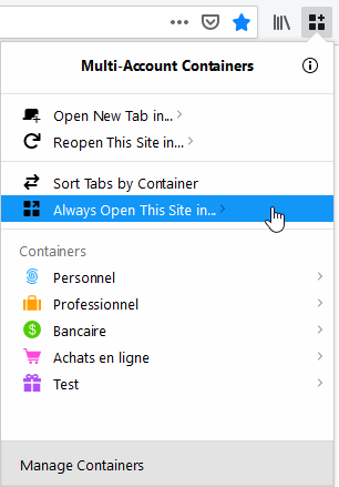 Firefox Multi-Account Containers – panneau – Always Open This Site in…