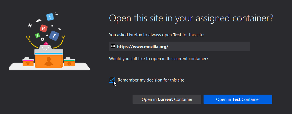 Firefox Multi-Account Containers – panneau – Open this site in your assigned container