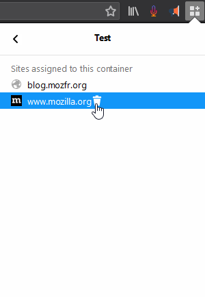 Firefox Multi-Account Containers – panneau – options du contexte Test – corbeille