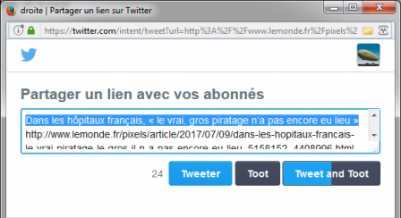 Tooter : fenêtre popup de Twitter