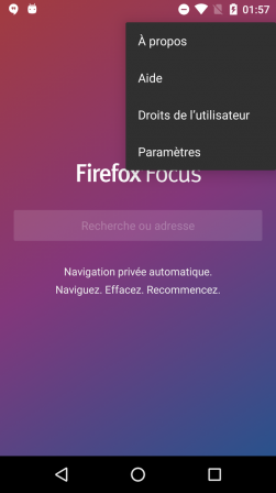 Firefox Focus pour Android : écran d'accueil