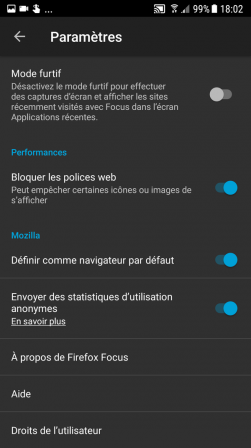 Firefox Focus pour Android : paramètres 2