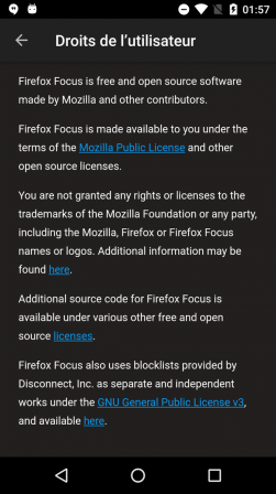 Firefox Focus pour Android : droits de l'utilisateur