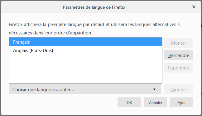 Firefox 66 : paramètres de langue (fr et en-US\)