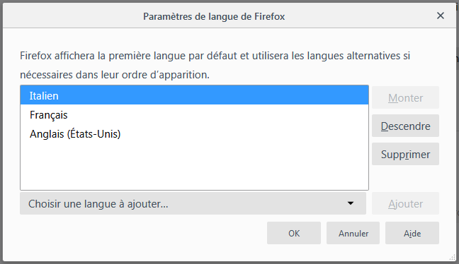 Firefox 66 : paramètres de langue (fr, it et en-US\)