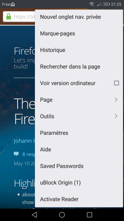 Firefox pour Android avec item de menu « Activate Reader Android »