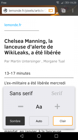 Firefox pour Android : mode lecture réglé sur Sans Serif et Clair