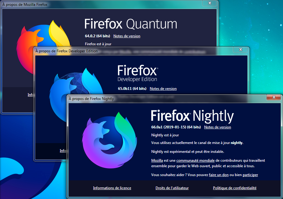 À propos de Firefox Quantum, Firefox Developer Edition et Firefox Nightly