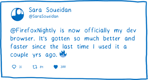 Un tweet de Sara Soueidan à propos de la rapidité de Firefox Nightly