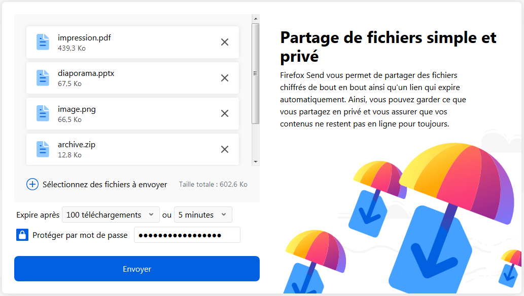 Firefox Send : fichiers et options d'envoi