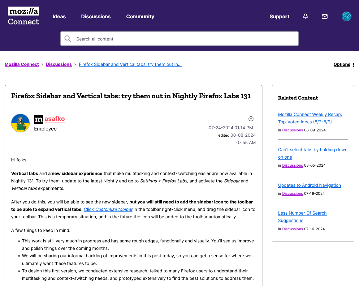 Discussion d’une fonctionnalité en test dans Firefox Nightly 131 avec un employé de Mozilla sur Connect