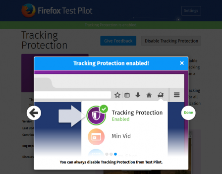Test Pilot tracking protection enabled