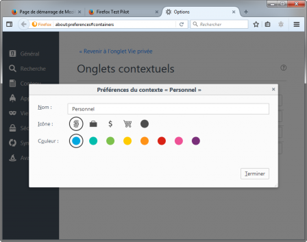 Containers : options dans Firefox 55