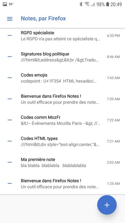 Firefox Test Pilot – Notes dans Android : liste des notes