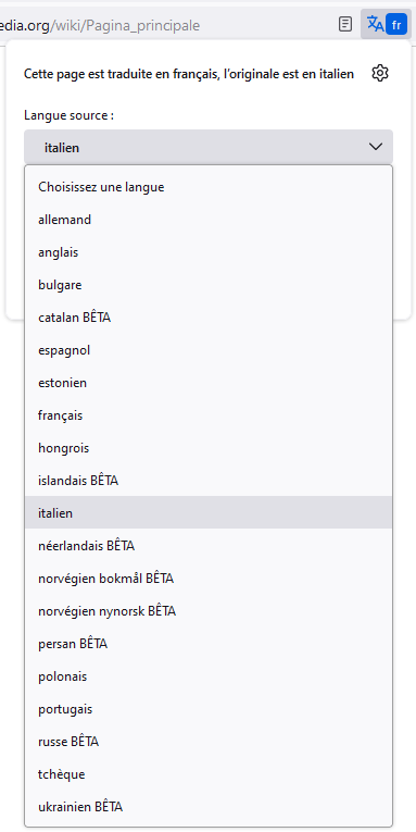 Langues à tester dans la fonctionnalité de traduction de Firefox Nightly