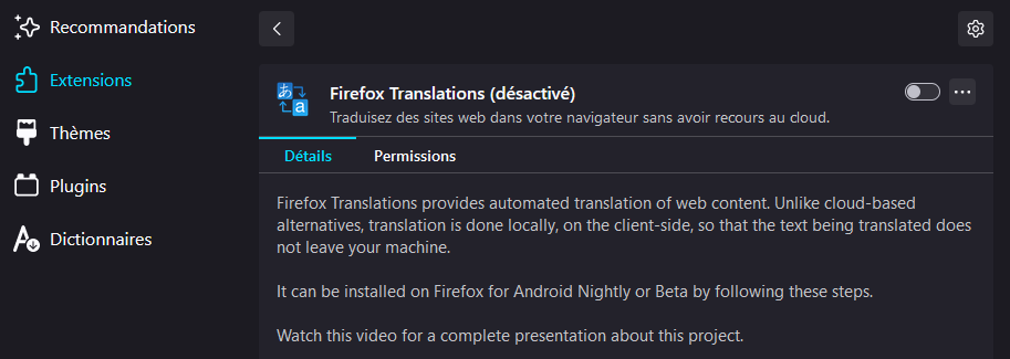 Désactiver l’extension Firefox Translations dans le gestionnaire de modules complémentaires de Firefox