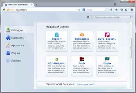 Catalogue du gestionnaire de modules complementaires : en_vedette et recommandé pour vous dans Firefox 29
