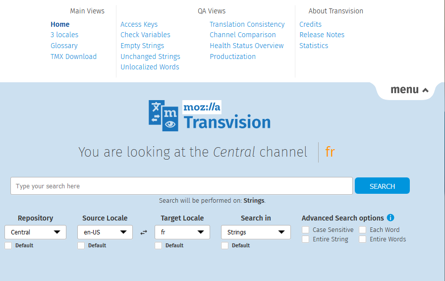 Interface web de Transvision avec menu ouvert