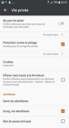 Firefox pour Android &gt; Paramètres &gt; Vie privée