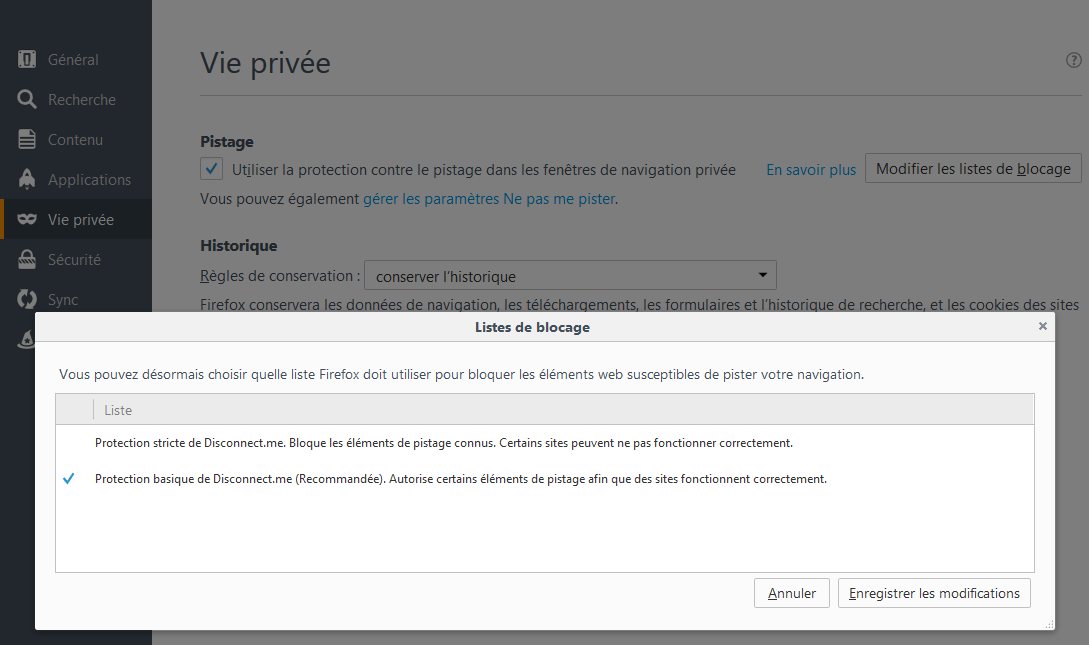 Firefox : Options &gt; Vie privée &gt; liste de blocage