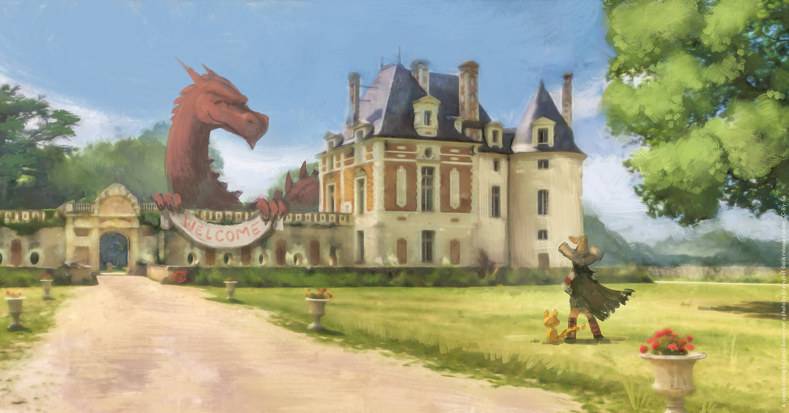 Dessin représentant le château de Selles-sur-Cher avec un dragon dedans tenant une bannière « Welcome »